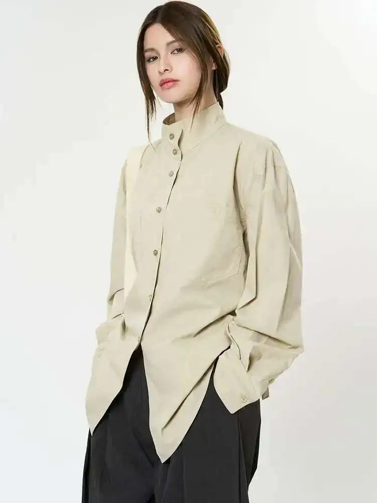 Women Brown Brief Belted Big Size Elegant Blouse New Stand Collar Long Sleeve Shirt Fashion Spring Autumn 2025 1DH9983