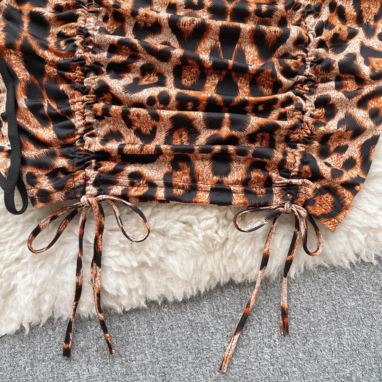 Leopard Print Erotic Three Pieces Sets Women Off the Shoulder Mini Top+Drawstring Short Skirts+Thongs Sexy Night Suits