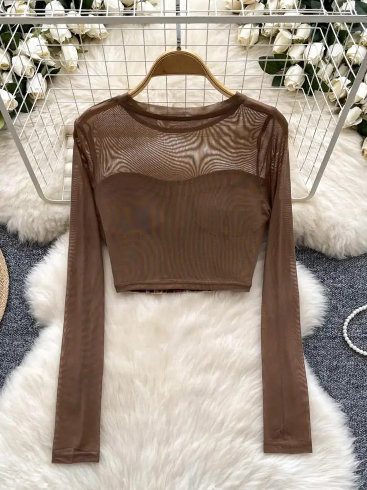 Retro Women Denim Patchwork Mesh Long Sleeved Short Top Autumn Korean Fashion Versatile Elegant Round Neck T Shirt Trend Popular