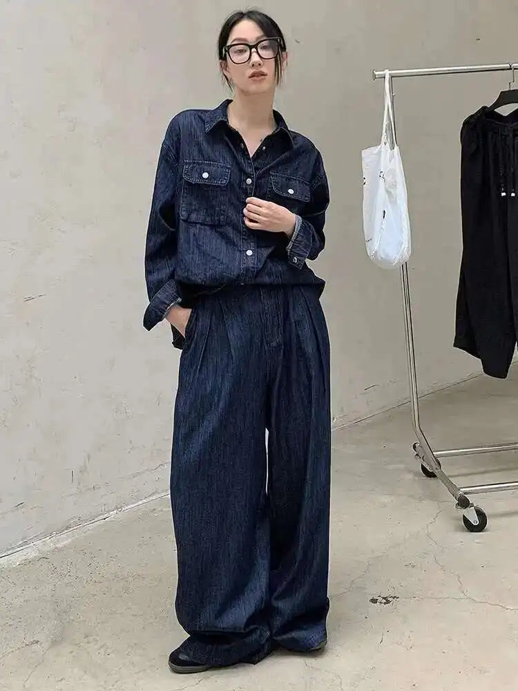 High Waist Wide Blue Denim Pleated Long Casual Leg Jeans New Women Trousers Fashion Tide Spring Autumn 2025 1DH8349