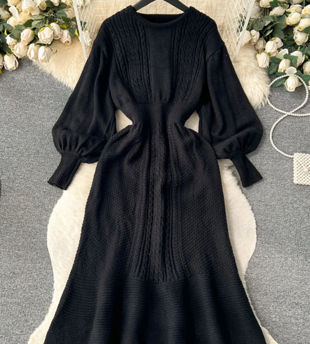 French Vintage Autumn Winter Black Beige Elegant Long Sleeve Vacation Knit Dress Women Khaki Round Neck High Waist Office Dress
