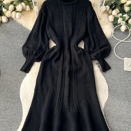 Load image into Gallery viewer, French Vintage Autumn Winter Black Beige Elegant Long Sleeve Vacation Knit Dress Women Khaki Round Neck High Waist Office Dress
