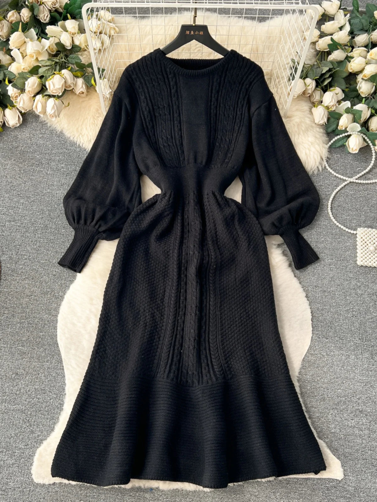French Vintage Autumn Winter Black Beige Elegant Long Sleeve Vacation Knit Dress Women Khaki Round Neck High Waist Office Dress