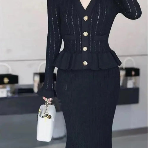 Load image into Gallery viewer, French Women Black White V Neck Elegant Slim Long Sleeved Dress Spring Blue Single Breasted Office Lady Knit Fishtail Dress Chic
