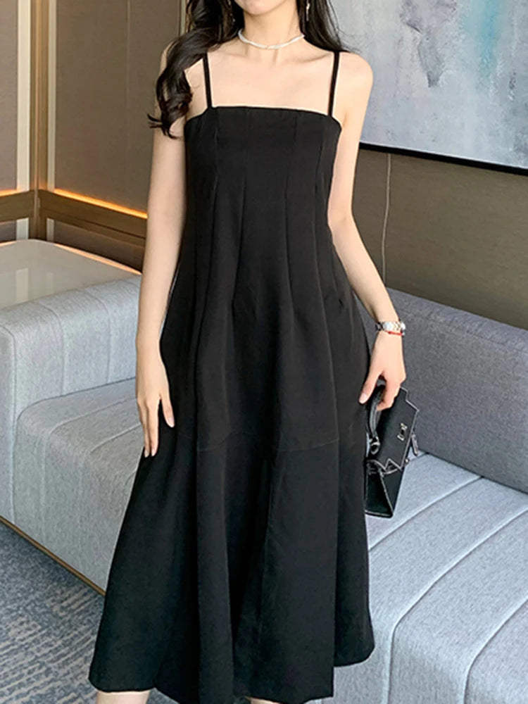 Korean Style Black Ruffles Strapless Dress Slim Waist Split Solid Color Sleeveless Female Dresses Elegant Evening Dresses