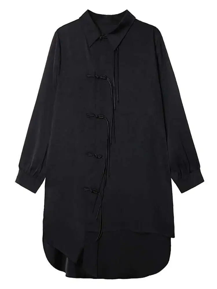Women Black Irregular Hem Buckle Tassels Elegant Shirt Dress New Lapel Long Sleeve Fashion Tide Spring Autumn 2025 1DH4457