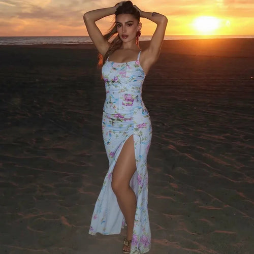 Load image into Gallery viewer, Sleeveless Print Spaghetti Strap Slash Neck Sexy Backless Thigh Split Maxi Dress Women Pleated Vacation Dress Summer
