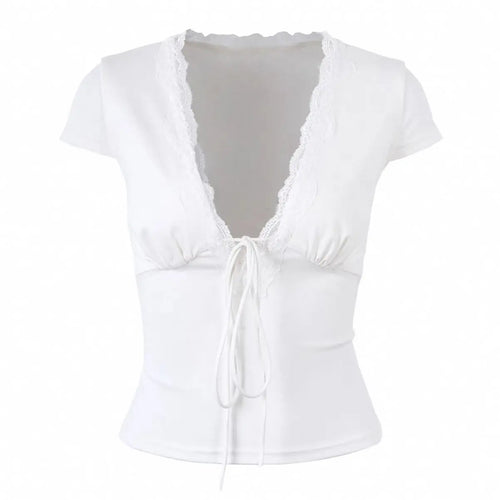 Load image into Gallery viewer, Vintage Summer Lace Patchwork Sexy T-shirt Women Harajuku Fairy Bandage Pleated Tops 2025 Y2k Aesthetic Slim Fit Cropped Tees
