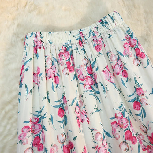 Load image into Gallery viewer, Vintage Floral Print A-line Pleated Long Skirts Summer Women 2023 Casual Skirt Streetwear Elastic Waist Midi Skirt
