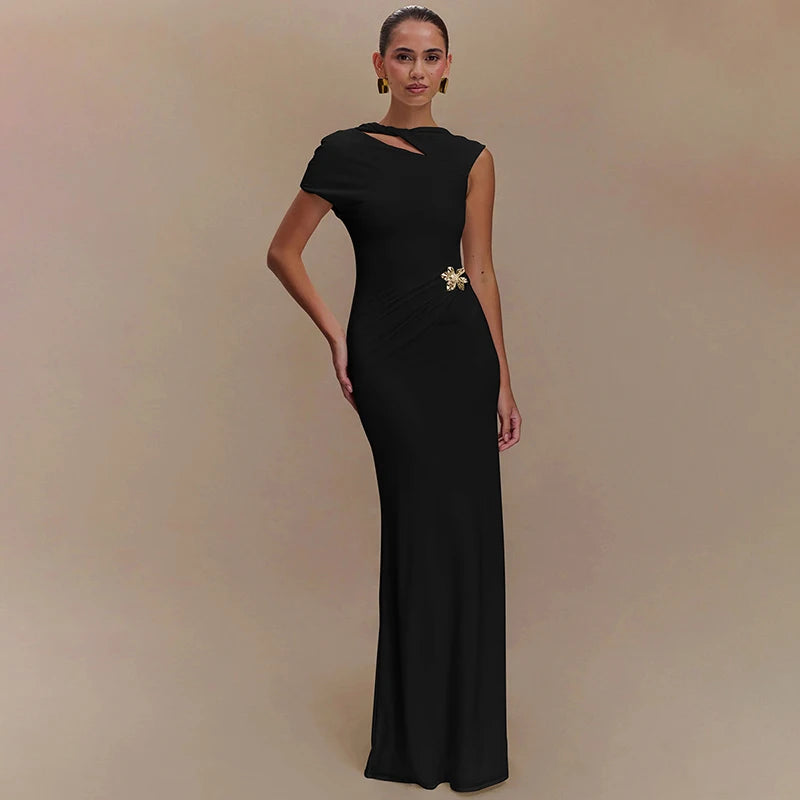 Hollow Out Backless Sexy Maxi Dress For Women Fashion Metal Buckle Solid Short Sleeve High Waist Slim Fit Long Dress