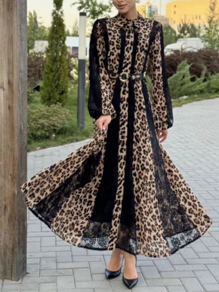 Leopard Printing Vintage Dresses For Women Lapel Long Sleeve High Waist Casual Loose Dress Female Fashion Female Fashion New