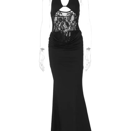 Load image into Gallery viewer, Sheer Lace Hollow Out Sexy Maxi Dress For Women Gown Halter Deep V Neck Sleeveless Backless Bodycon Long Dress
