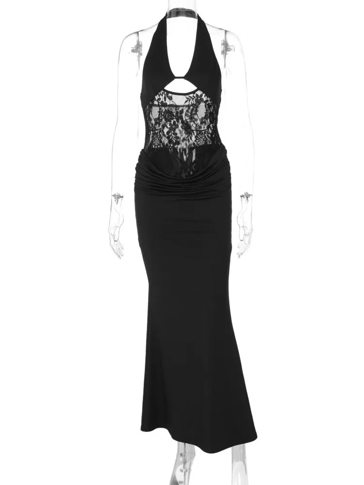 Sheer Lace Hollow Out Sexy Maxi Dress For Women Gown Halter Deep V Neck Sleeveless Backless Bodycon Long Dress