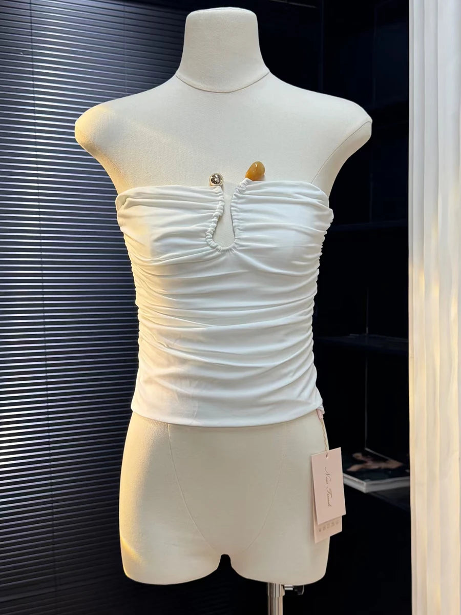 Solid Spliced Folds Slimming Vests For Women Strapless Sleeveless Tunic Temperament Vests Female Fashion Style New