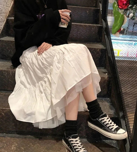 Long Tulle Midi Skirts Womens 2024 Autumn Elastic High Waist Mesh Tutu Pleated Skirts Female Black White Long Skirt Streetwear