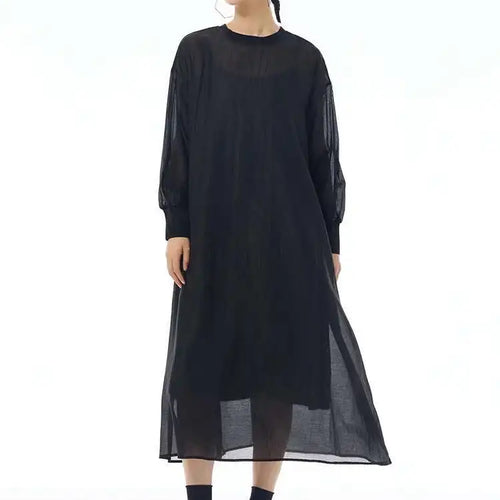 Load image into Gallery viewer, Women Khaki Mesh Perspective Big Size Thin Dress New Round Neck Long Sleeve Fashion Tide Spring Autumn 2025 1DH7412
