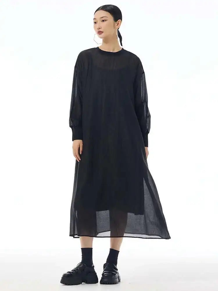 Women Khaki Mesh Perspective Big Size Thin Dress New Round Neck Long Sleeve Fashion Tide Spring Autumn 2025 1DH7412