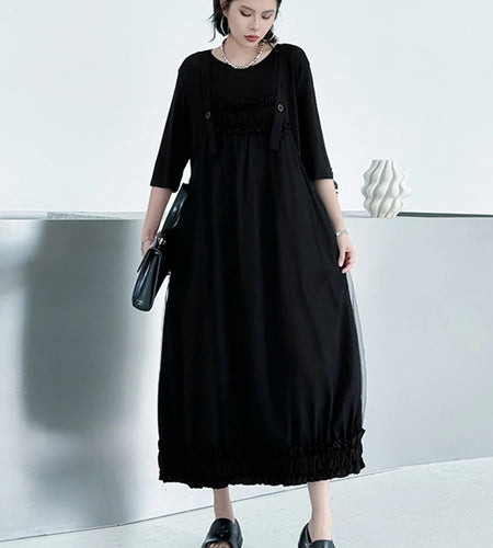 Women Black Ruffles Spliced Big Size Strap Dress New Square Collar Sleeveless Fashion Tide Spring Autumn 2025 1DJ1157