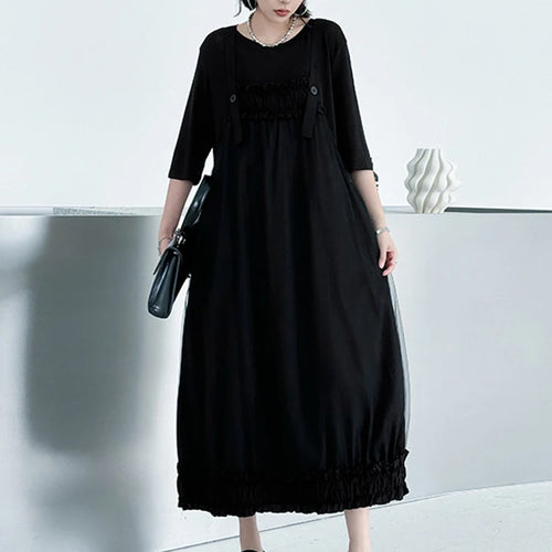 Load image into Gallery viewer, Women Black Ruffles Spliced Big Size Strap Dress New Square Collar Sleeveless Fashion Tide Spring Autumn 2025 1DJ1157
