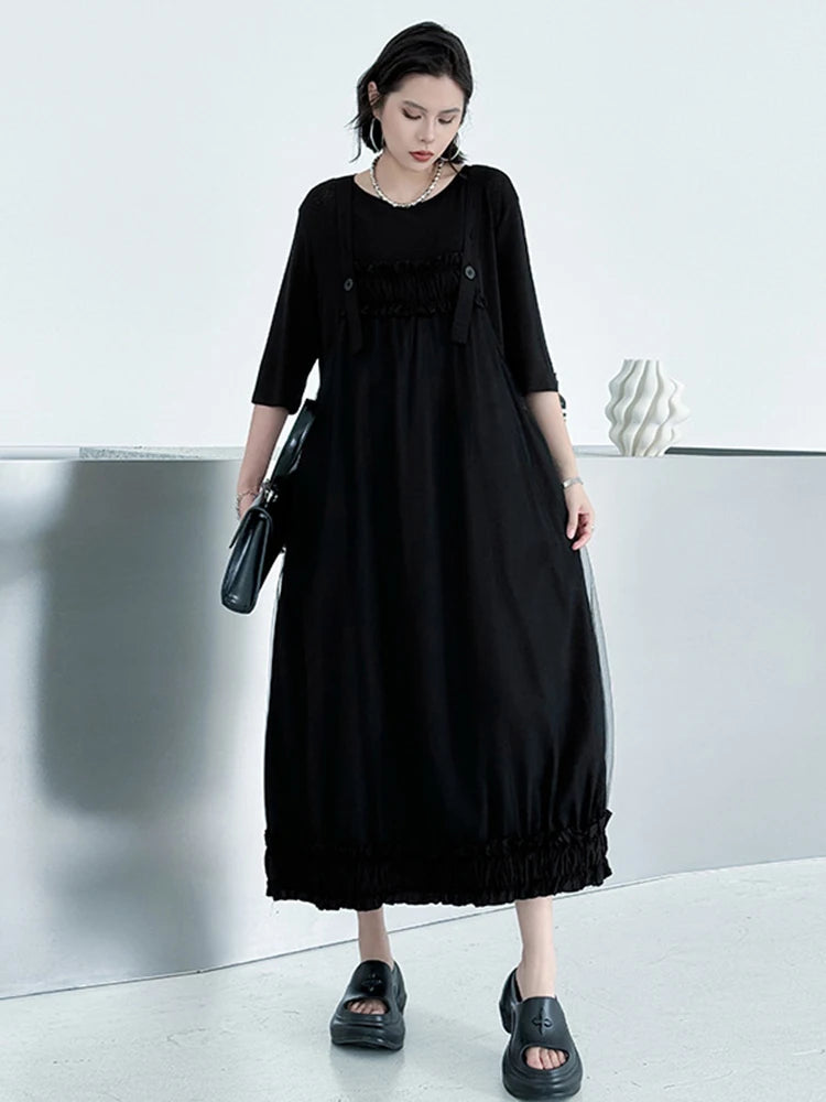 Women Black Ruffles Spliced Big Size Strap Dress New Square Collar Sleeveless Fashion Tide Spring Autumn 2025 1DJ1157