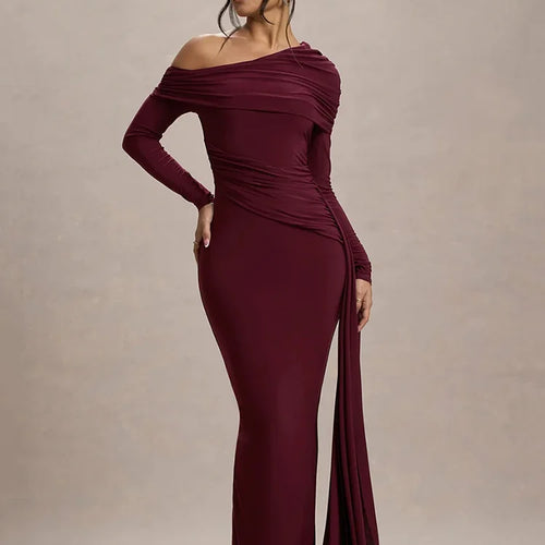 Load image into Gallery viewer, Skew Collar Long Sleeve Sexy Maxi Dress For Women Gown Fashion Backless Draped Ruched Bodycon Club Long Dress Elegant
