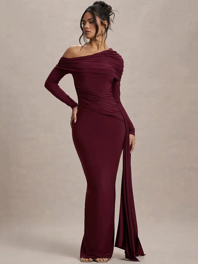 Skew Collar Long Sleeve Sexy Maxi Dress For Women Gown Fashion Backless Draped Ruched Bodycon Club Long Dress Elegant