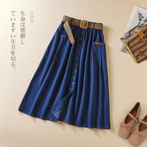 Load image into Gallery viewer, Denim Skirt Women Summer A-line High Waist Medium Length Belt Lace Up 2022 Knee Length Young Beautiful Casual Skirts Female
