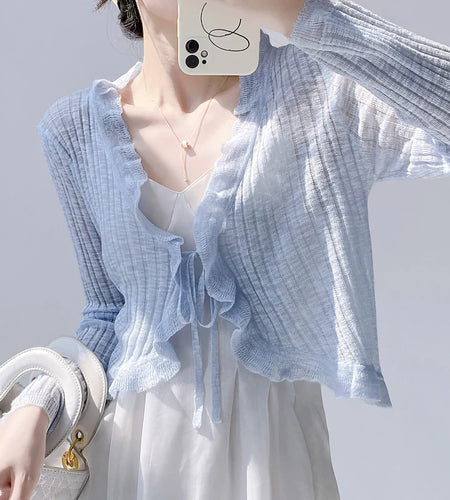 New Spring Summer Solid Long Sleeved Festival Elegant Slim Cardigan Knitted Tops Ladies Sun Protection Lace-up Ruffle Edge Coat