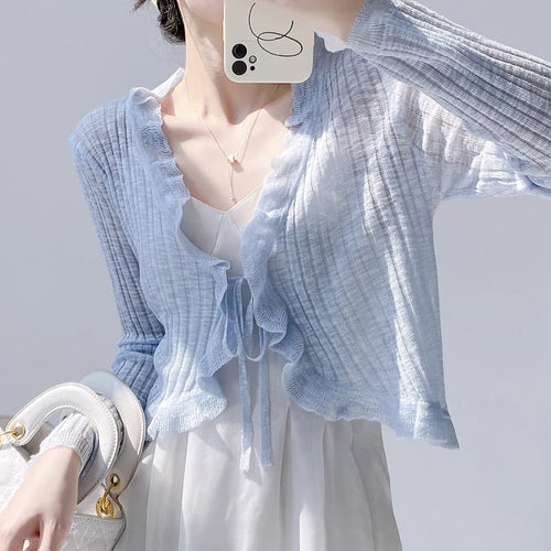Load image into Gallery viewer, New Spring Summer Solid Long Sleeved Festival Elegant Slim Cardigan Knitted Tops Ladies Sun Protection Lace-up Ruffle Edge Coat
