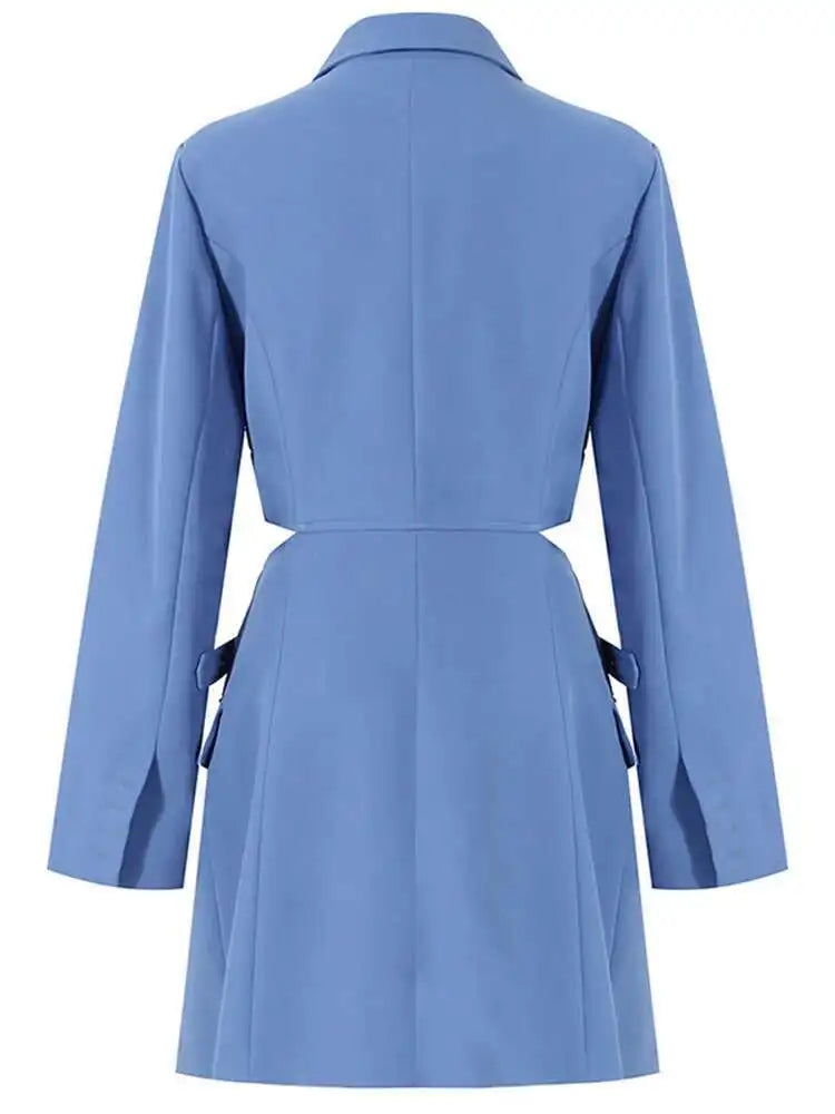 Women Blue Cross Buckle Hollow Out Blazer Dress New Lapel Long Sleeve Loose Fit Fashion Tide Spring Autumn 2025 1DE3323