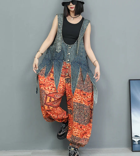 High Waist Blue Denim Irregular Printed Casual Overalls Jeans New Women Trousers Fashion Tide Spring Autumn 2025 1DJ1350
