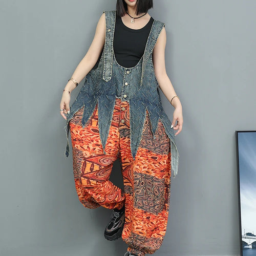 Load image into Gallery viewer, High Waist Blue Denim Irregular Printed Casual Overalls Jeans New Women Trousers Fashion Tide Spring Autumn 2025 1DJ1350
