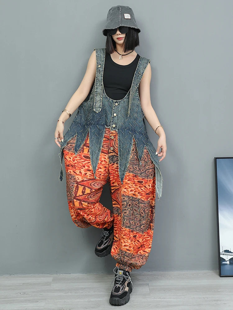 High Waist Blue Denim Irregular Printed Casual Overalls Jeans New Women Trousers Fashion Tide Spring Autumn 2025 1DJ1350