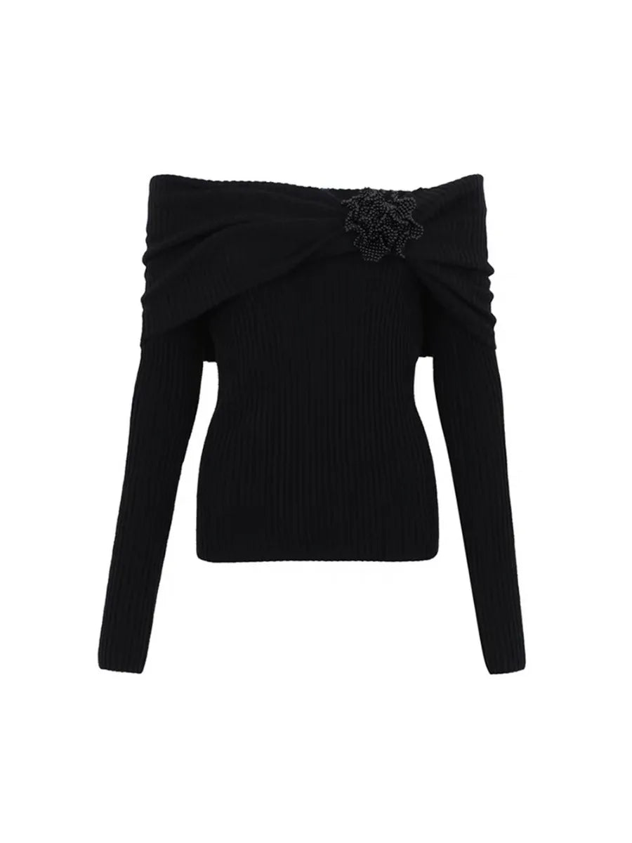 Solid Minimalist Slimming Sweaters for Women Slash Neck Long Sleeve Temperament Pullovers Female Fashion