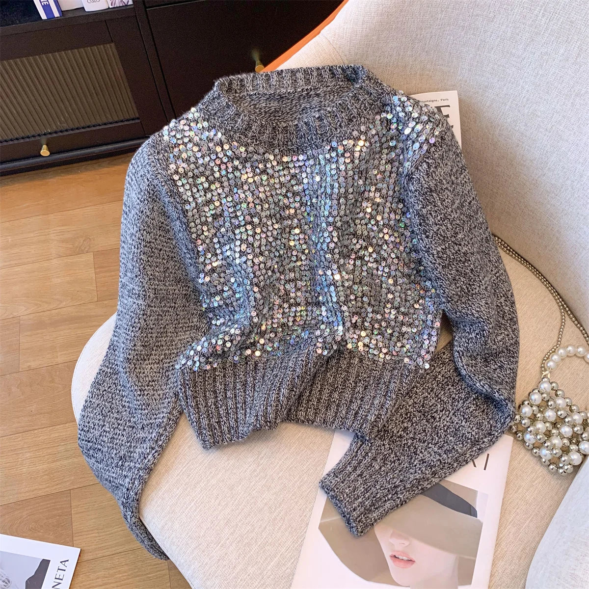 Women Sweet Sequins Short Sweater Casual Autumn Winter Basics Knitted Korean Loose O-neck Long Sleeve Elegance Pullover Tops New