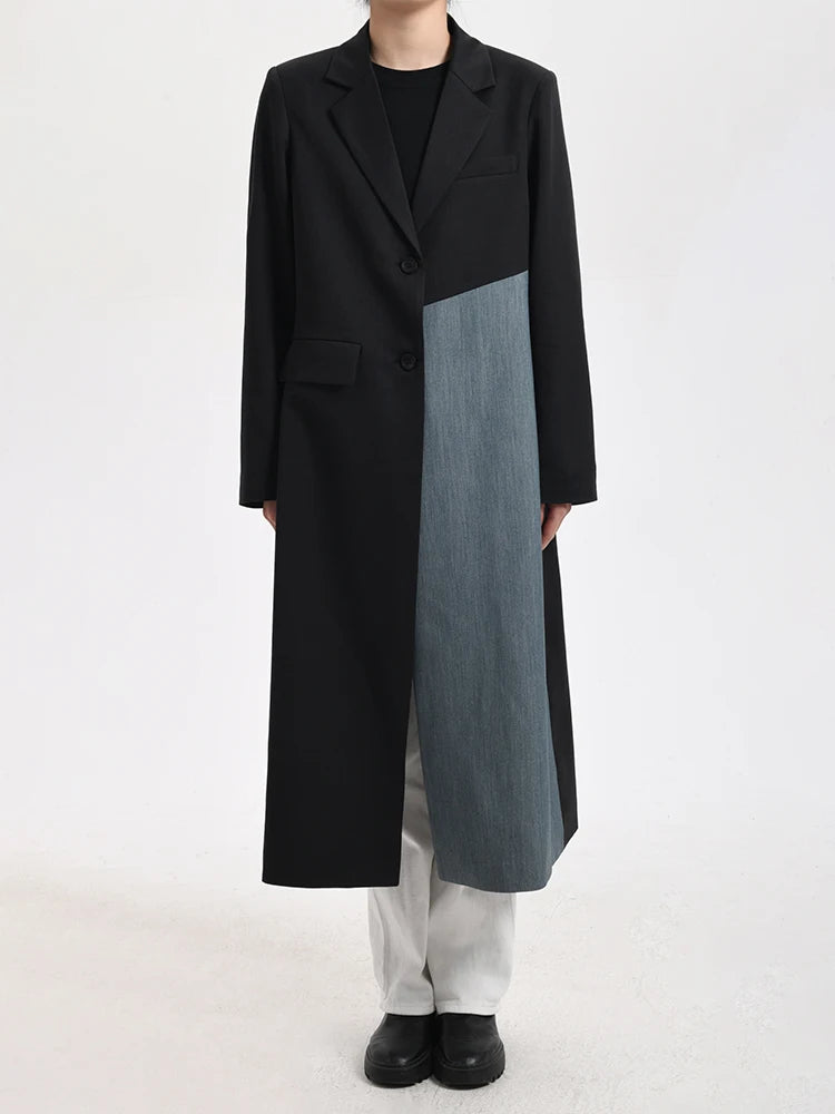 Women Black Denim Color-block Long Big Size Blazer New Lapel Long Sleeve Jacket Fashion Tide Spring Autumn 2025 26D810401