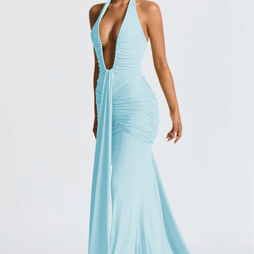 Load image into Gallery viewer, Deep V Neck Backless Ruched Sexy Maxi Dress Women Gown Summer Halter Sleeveless Draped Club Party Long Dress 2025
