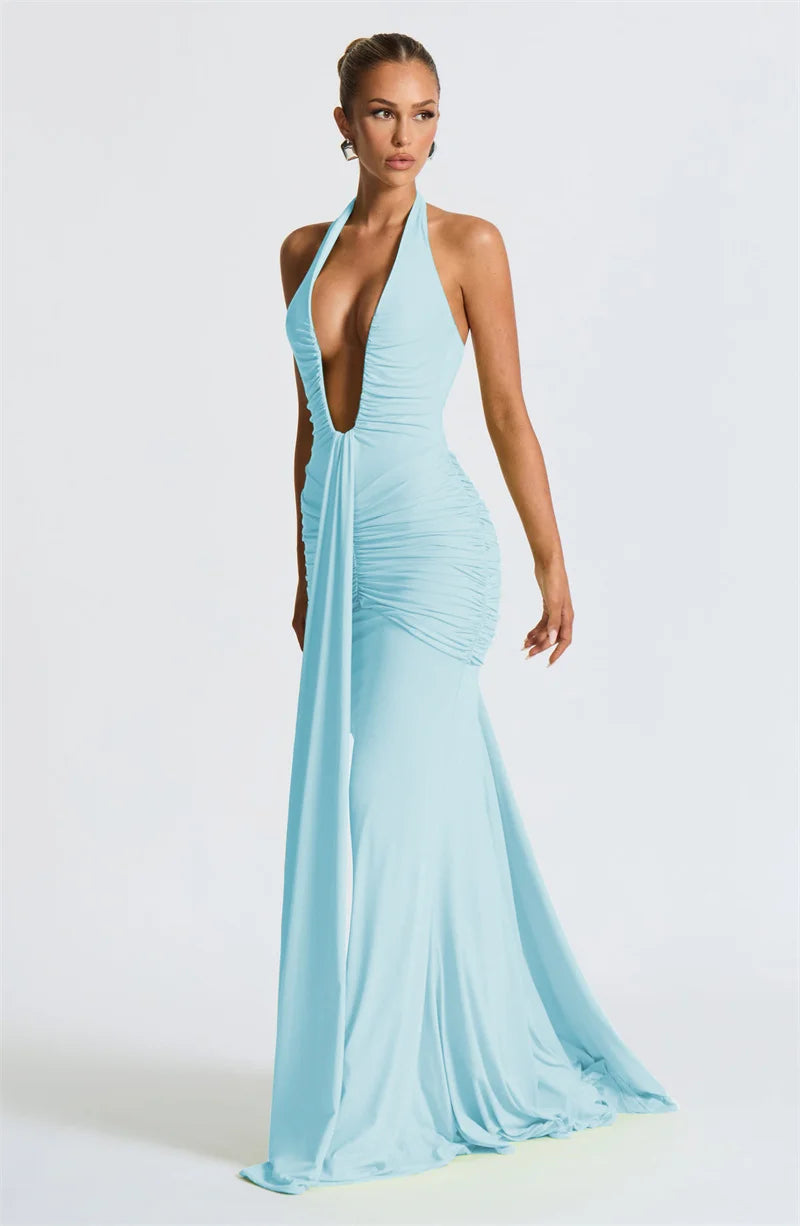 Deep V Neck Backless Ruched Sexy Maxi Dress Women Gown Summer Halter Sleeveless Draped Club Party Long Dress 2025