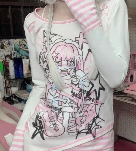 Japanese Harajuku Cartoon Print Tshirts Women Fashion Kawaii Y2k Aesthetic Patchwork Stripe Tees New Sweet Slim Fit T-Shirt Tops