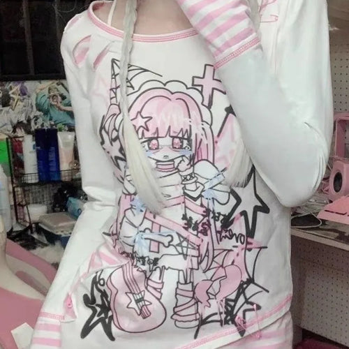 Load image into Gallery viewer, Japanese Harajuku Cartoon Print Tshirts Women Fashion Kawaii Y2k Aesthetic Patchwork Stripe Tees New Sweet Slim Fit T-Shirt Tops
