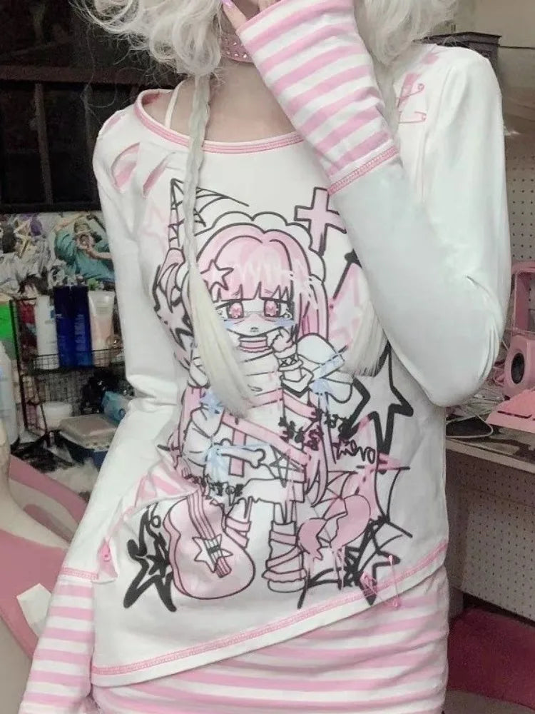 Japanese Harajuku Cartoon Print Tshirts Women Fashion Kawaii Y2k Aesthetic Patchwork Stripe Tees New Sweet Slim Fit T-Shirt Tops