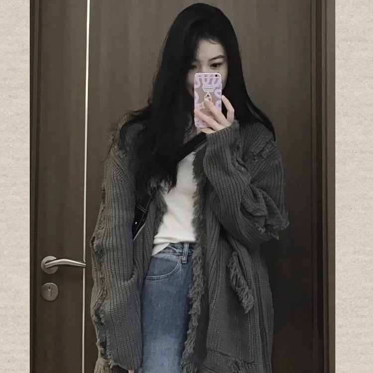Knitwear Sueter Mujer Oversized Cardigan Coat 2024 Women Clothing Pull Femme Fashion Tassel Knitting Korean Sweater Y2k Tops