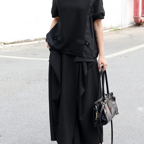 Load image into Gallery viewer, Women Black Spliced Brief Big Size Casual T-shirt New Round Neck Short Sleeve Fashion Tide Spring Summer 2025 1DJ0803
