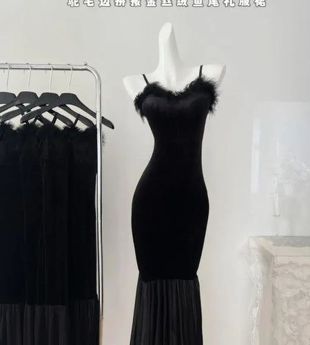 Autumn French New Sexy Long Dress Women Fashion Black Velvet Patchwork Mesh Plush V Neck Sleeveless Slim Backless Fishtail Dress