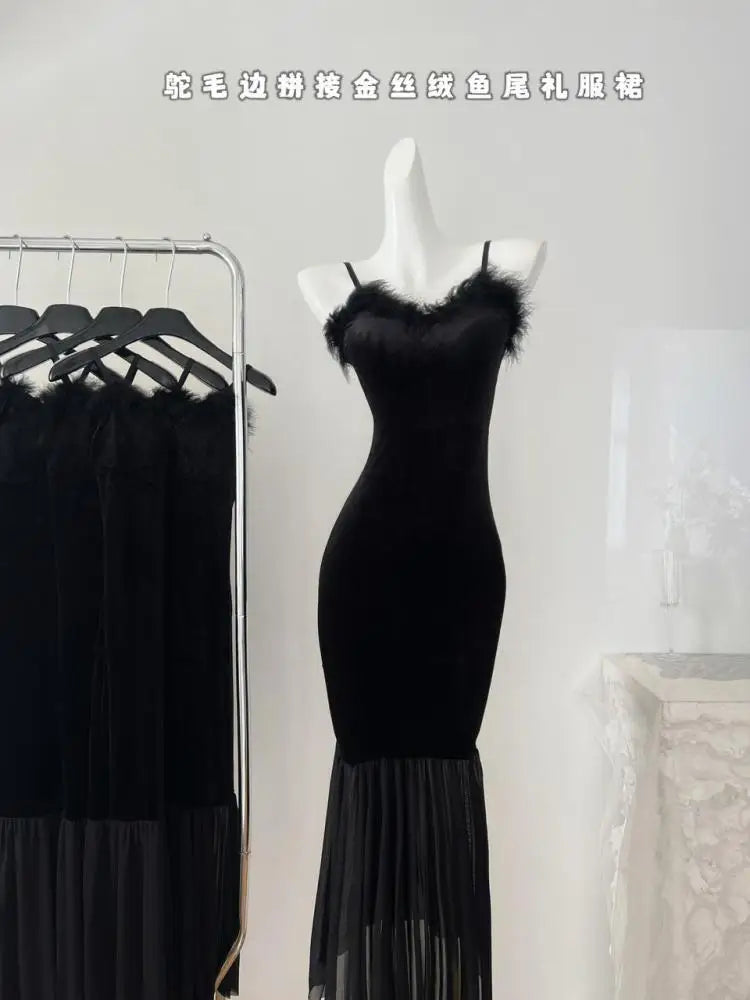 Autumn French New Sexy Long Dress Women Fashion Black Velvet Patchwork Mesh Plush V Neck Sleeveless Slim Backless Fishtail Dress