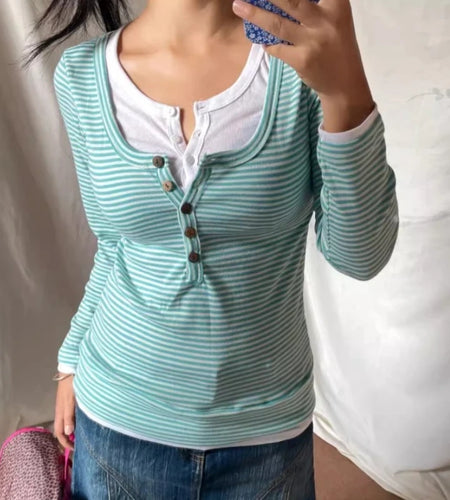 Y2k Tops Fashion Women T Shirts 2025 Ropa Mujer Fake Two Tees Korean Casual Camisetas Streetwear Striped Vintage Tshirts 63b848