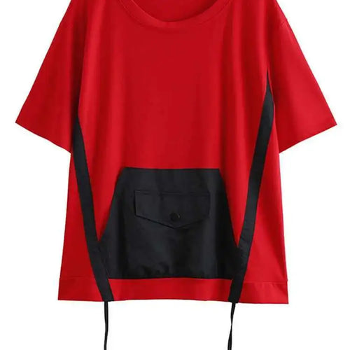 Load image into Gallery viewer, Women Red Color-block Pocket Big Size Casual  T-shirt New Round Neck Short Sleeve Fashion Tide Spring Summer 2025 1DH5953
