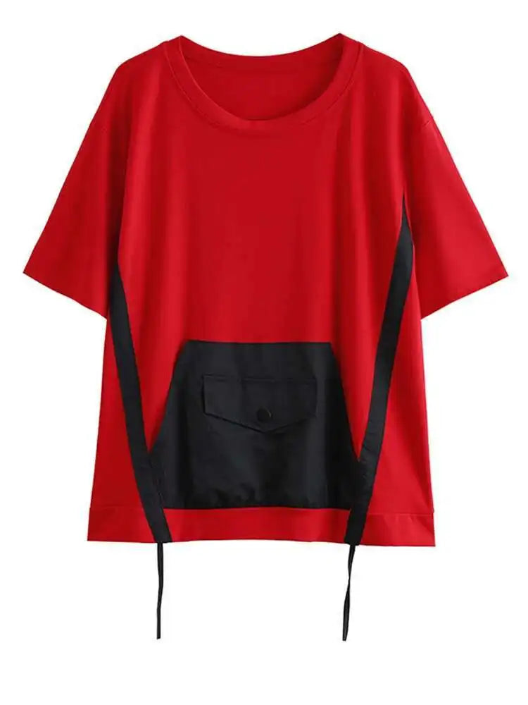 Women Red Color-block Pocket Big Size Casual  T-shirt New Round Neck Short Sleeve Fashion Tide Spring Summer 2025 1DH5953