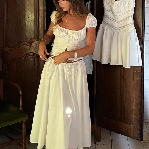 Load image into Gallery viewer, White Cropped Corset Tops Cotton Sexy Short Puff Sleeve T-Shirts Blouse Womens Clothing 2023 Drawstring Tees
