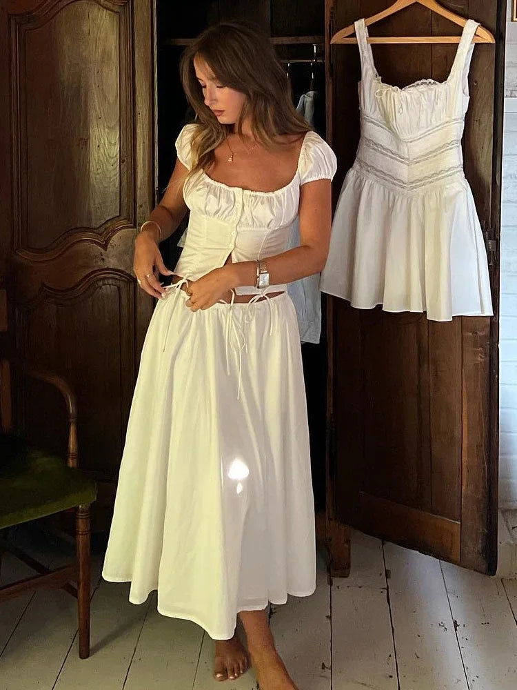 White Cropped Corset Tops Cotton Sexy Short Puff Sleeve T-Shirts Blouse Womens Clothing 2023 Drawstring Tees